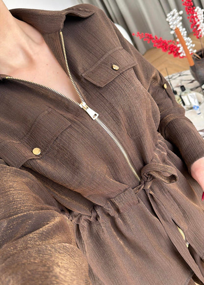 Jacquard metallic satin Zip-Up Suit brown