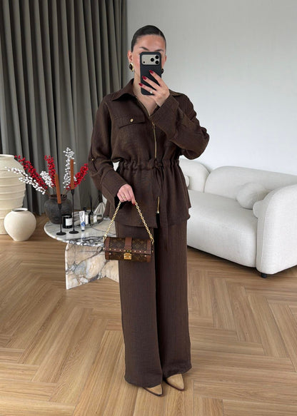 Jacquard metallic satin Zip-Up Suit brown