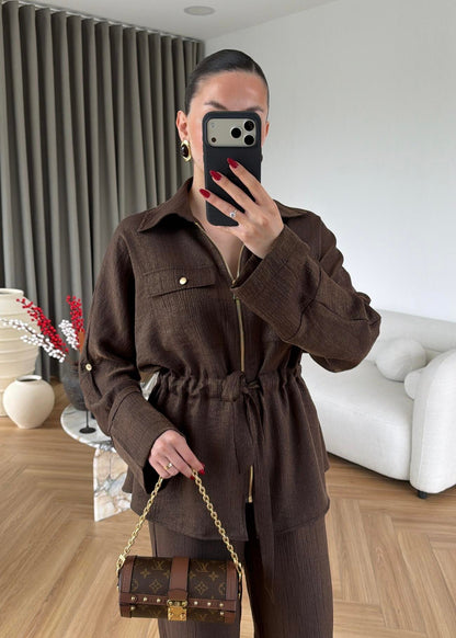 Jacquard metallic satin Zip-Up Suit brown