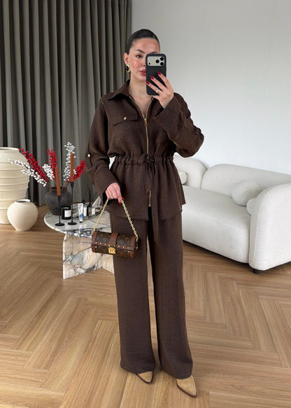 Jacquard metallic satin Zip-Up Suit brown
