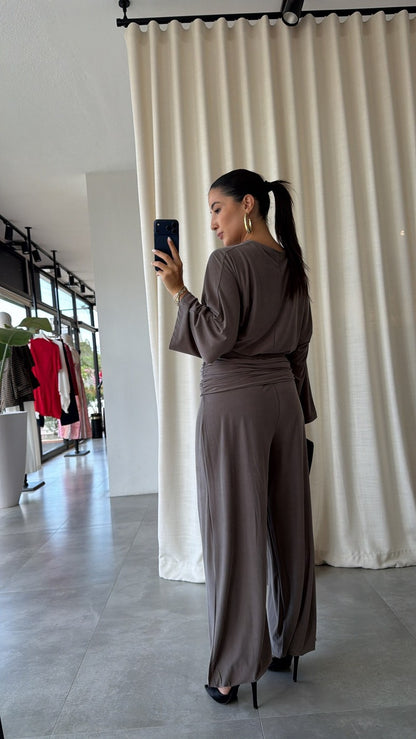 wide sleeve blouse With waist drapped co-ord set - mink