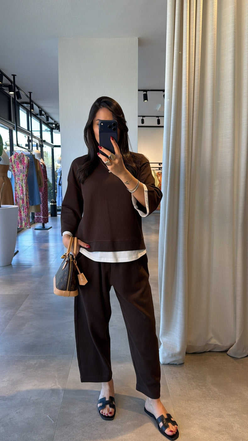 T-shirt Detail Sweatshirt Pants cotton Set -brown