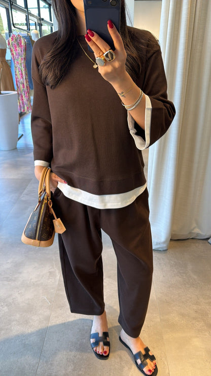T-shirt Detail Sweatshirt Pants cotton Set -brown