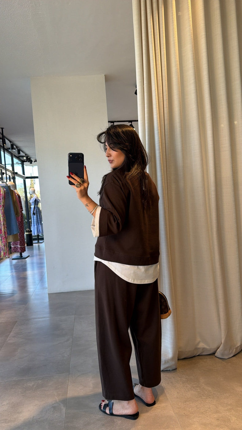 T-shirt Detail Sweatshirt Pants cotton Set -brown