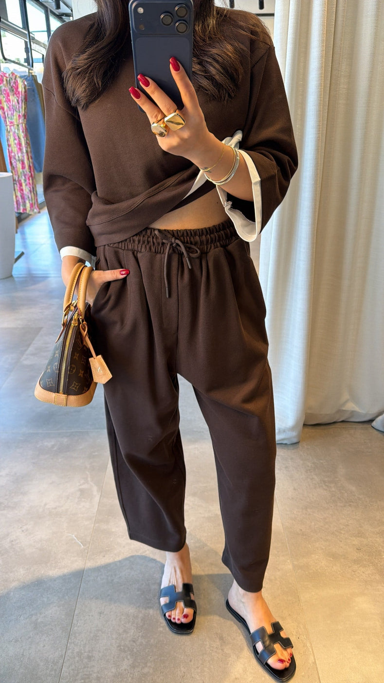 T-shirt Detail Sweatshirt Pants cotton Set -brown