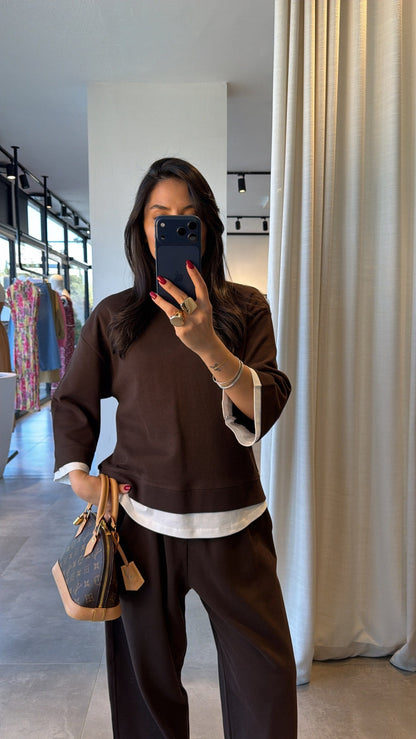 T-shirt Detail Sweatshirt Pants cotton Set -brown