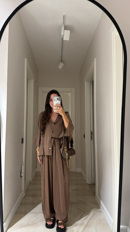 Brown Silver Buttoned Poncho Set