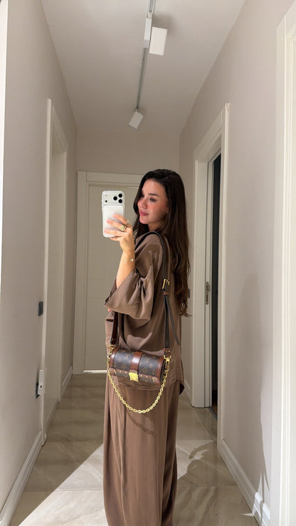 Brown Silver Buttoned Poncho Set