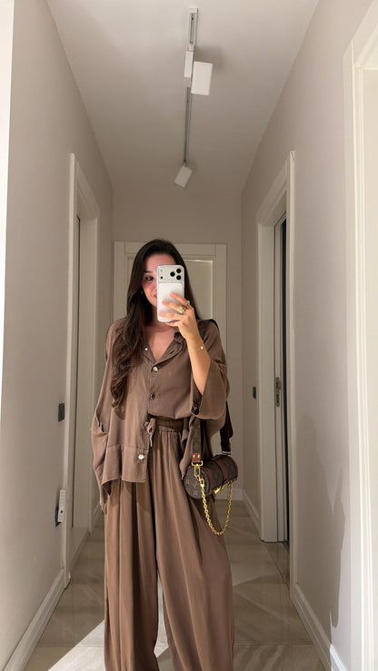 Brown Silver Buttoned Poncho Set