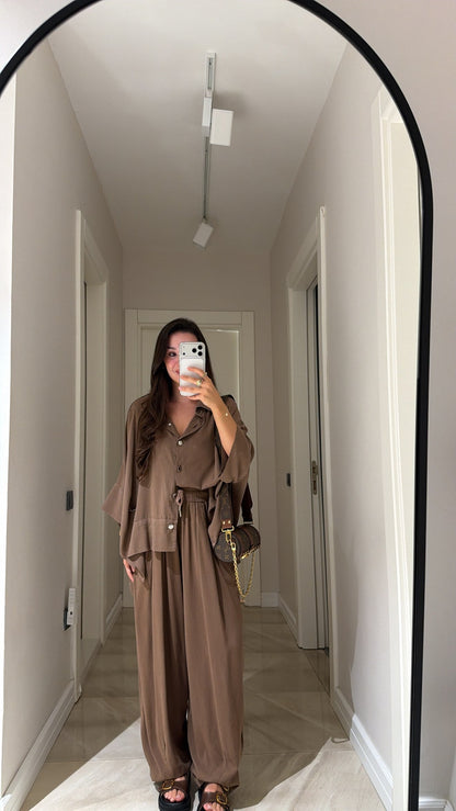 Brown Silver Buttoned Poncho Set