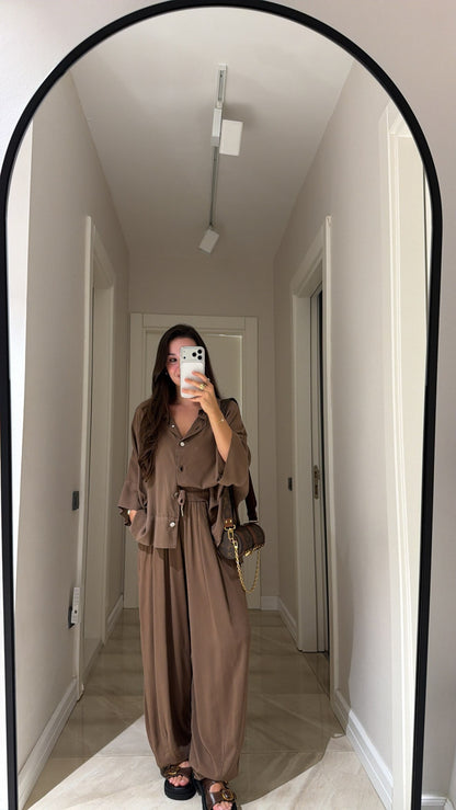 Brown Silver Buttoned Poncho Set