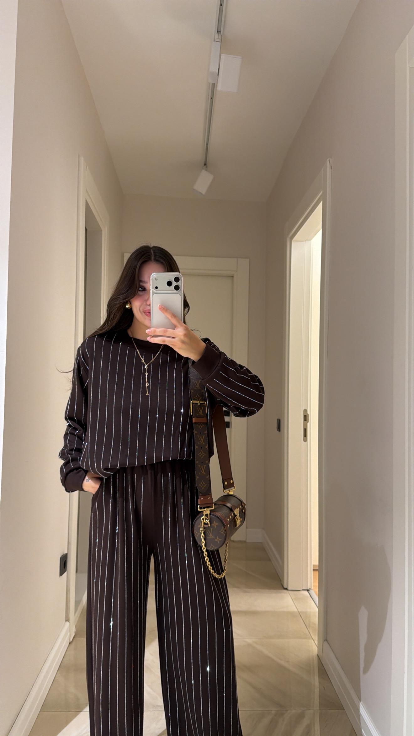 Coffee Stone oysho fabric Embellished Sweatshirt and Pants Set