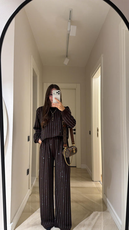 Coffee Stone oysho fabric Embellished Sweatshirt and Pants Set