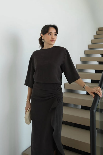 Zr model morley dress with side ruffle details