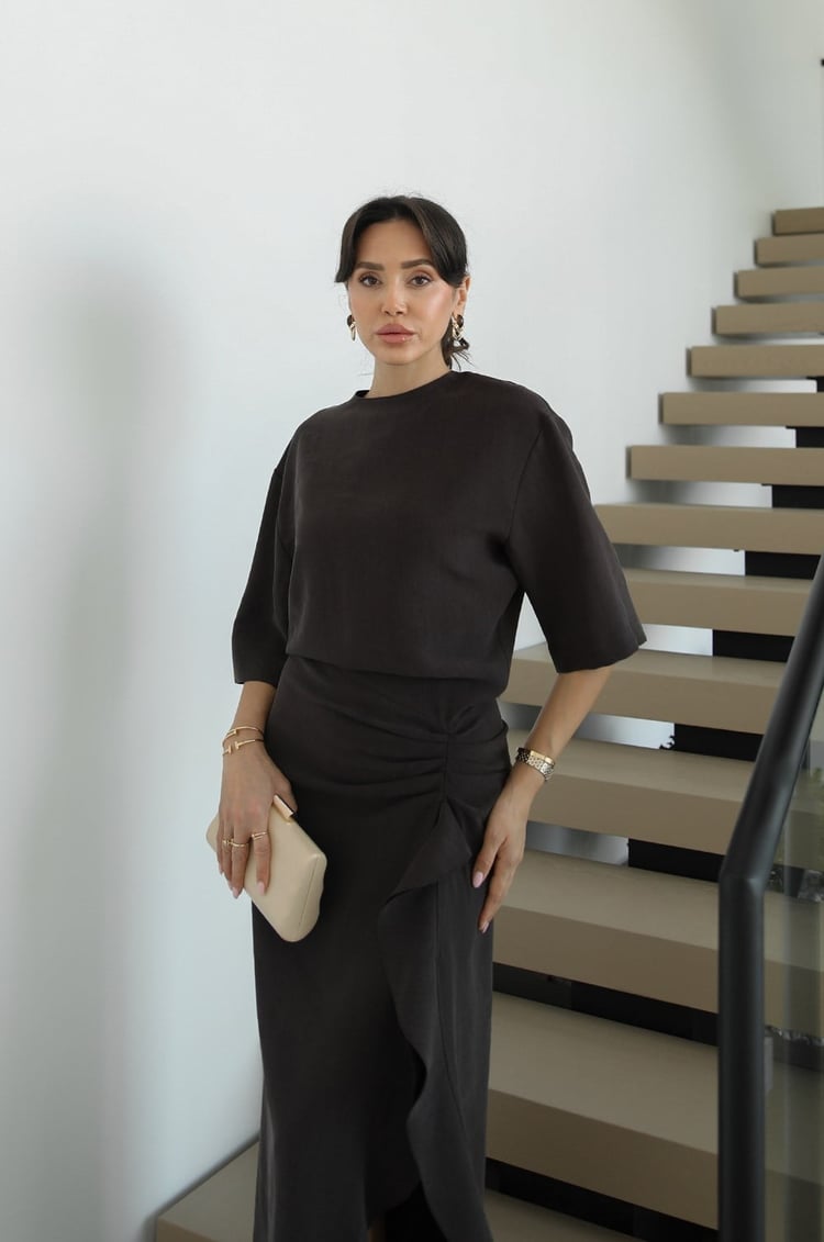 Zr model morley dress with side ruffle details