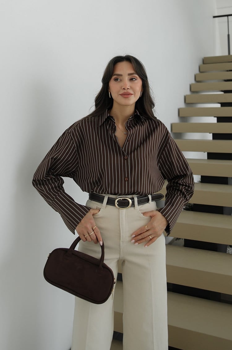 Brown Striped Shirt with Pleated Back