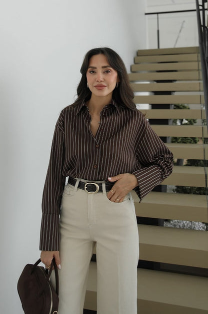 Brown Striped Shirt with Pleated Back
