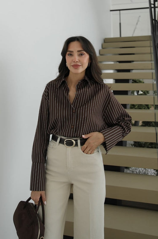Brown Striped Shirt with Pleated Back