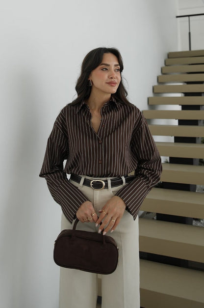 Brown Striped Shirt with Pleated Back