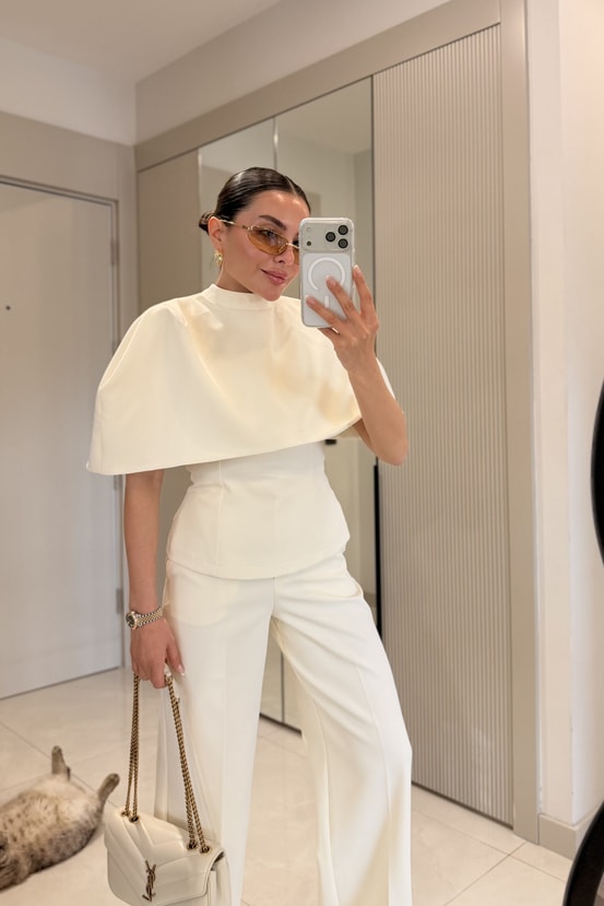 CAPE BLOUSE AND PANTS SET - beige