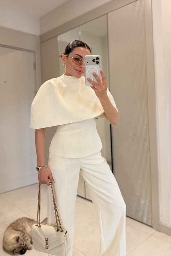CAPE BLOUSE AND PANTS SET - beige