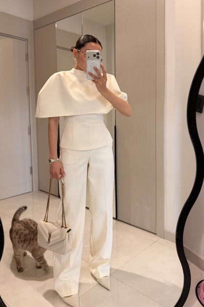 CAPE BLOUSE AND PANTS SET - beige