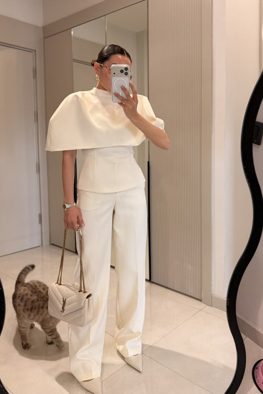 CAPE BLOUSE AND PANTS SET - beige