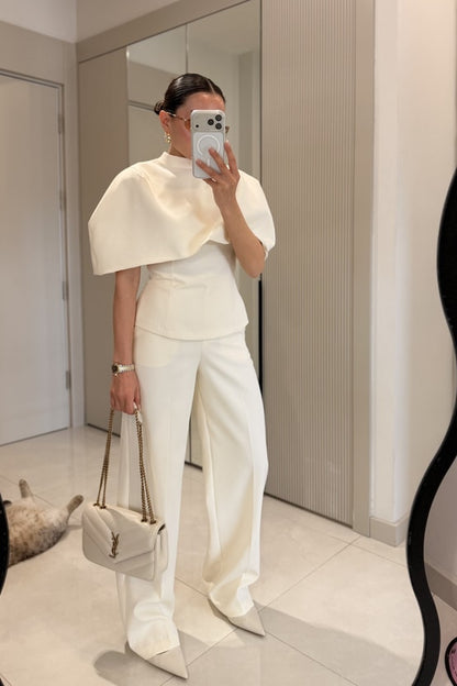 CAPE BLOUSE AND PANTS SET - beige