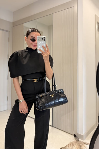 CAPE BLOUSE AND PANTS SET - black