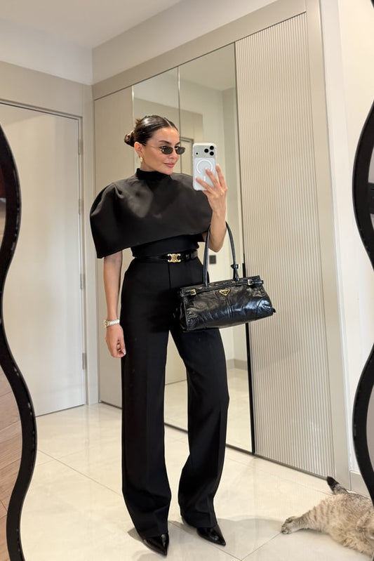 CAPE BLOUSE AND PANTS SET - black