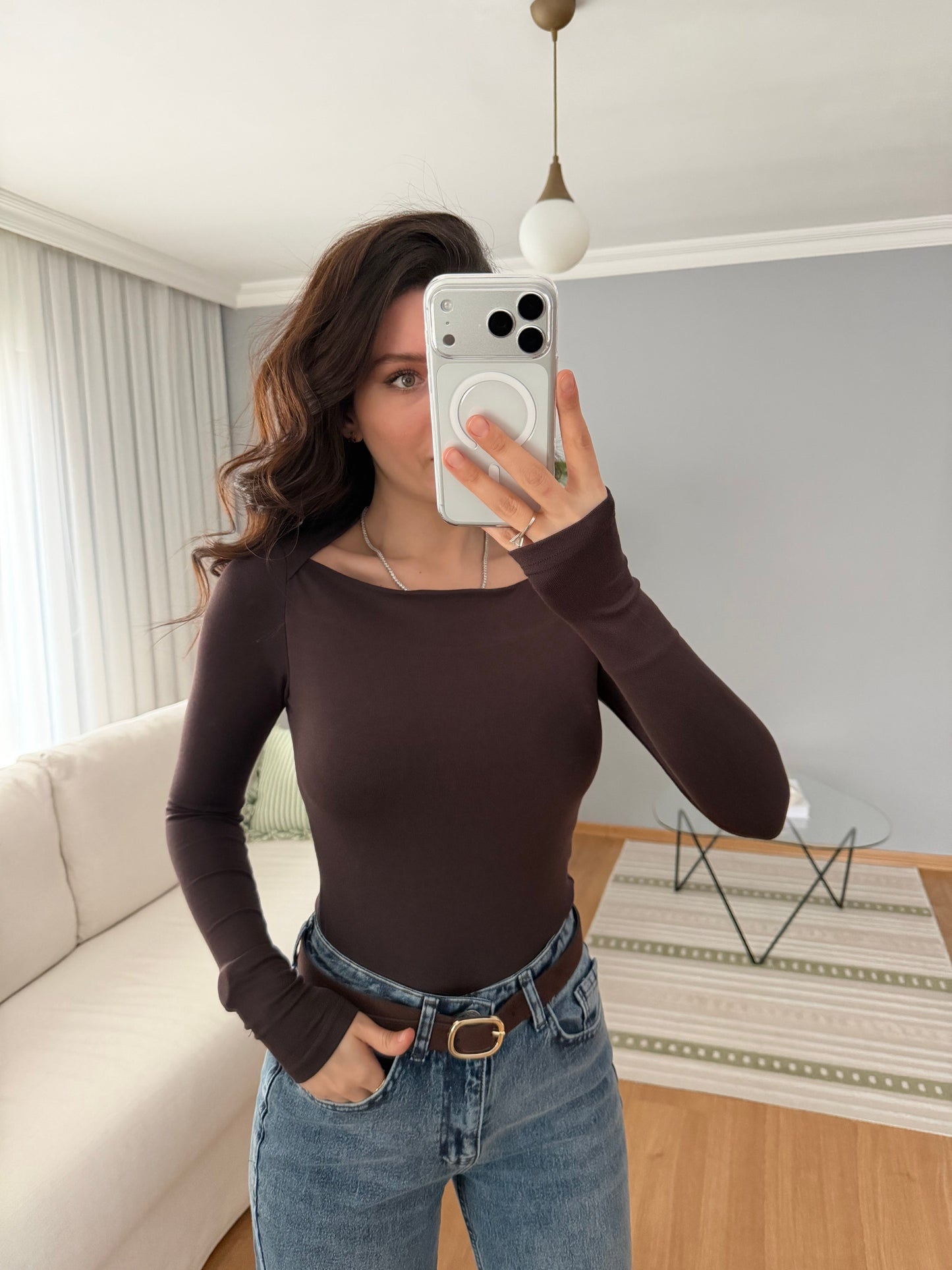 Boat Neck Black Cotton Blouse- brown