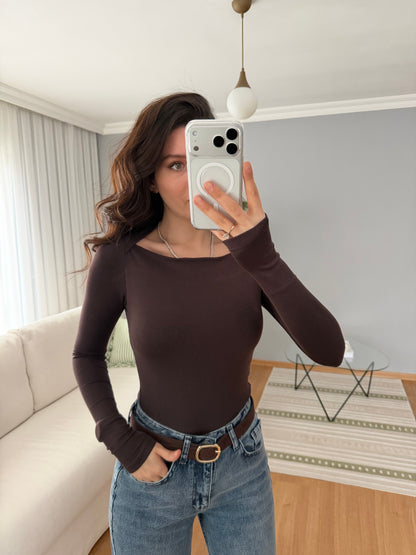 Boat Neck Black Cotton Blouse- brown