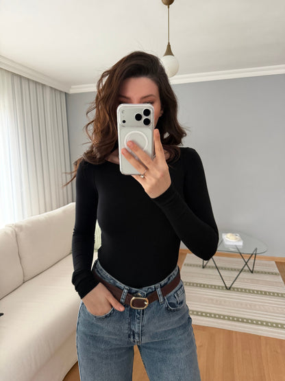 Boat Neck Black Cotton Blouse - black