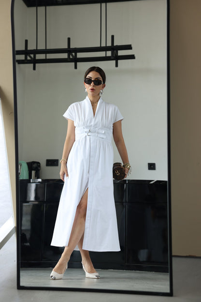 White half-sleeved dress with two belts on the chest