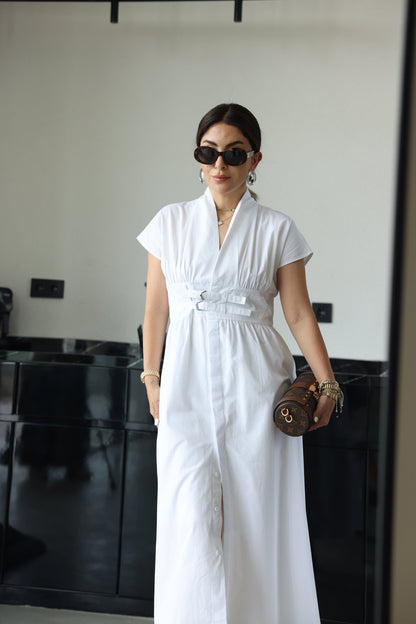 White half-sleeved dress with two belts on the chest