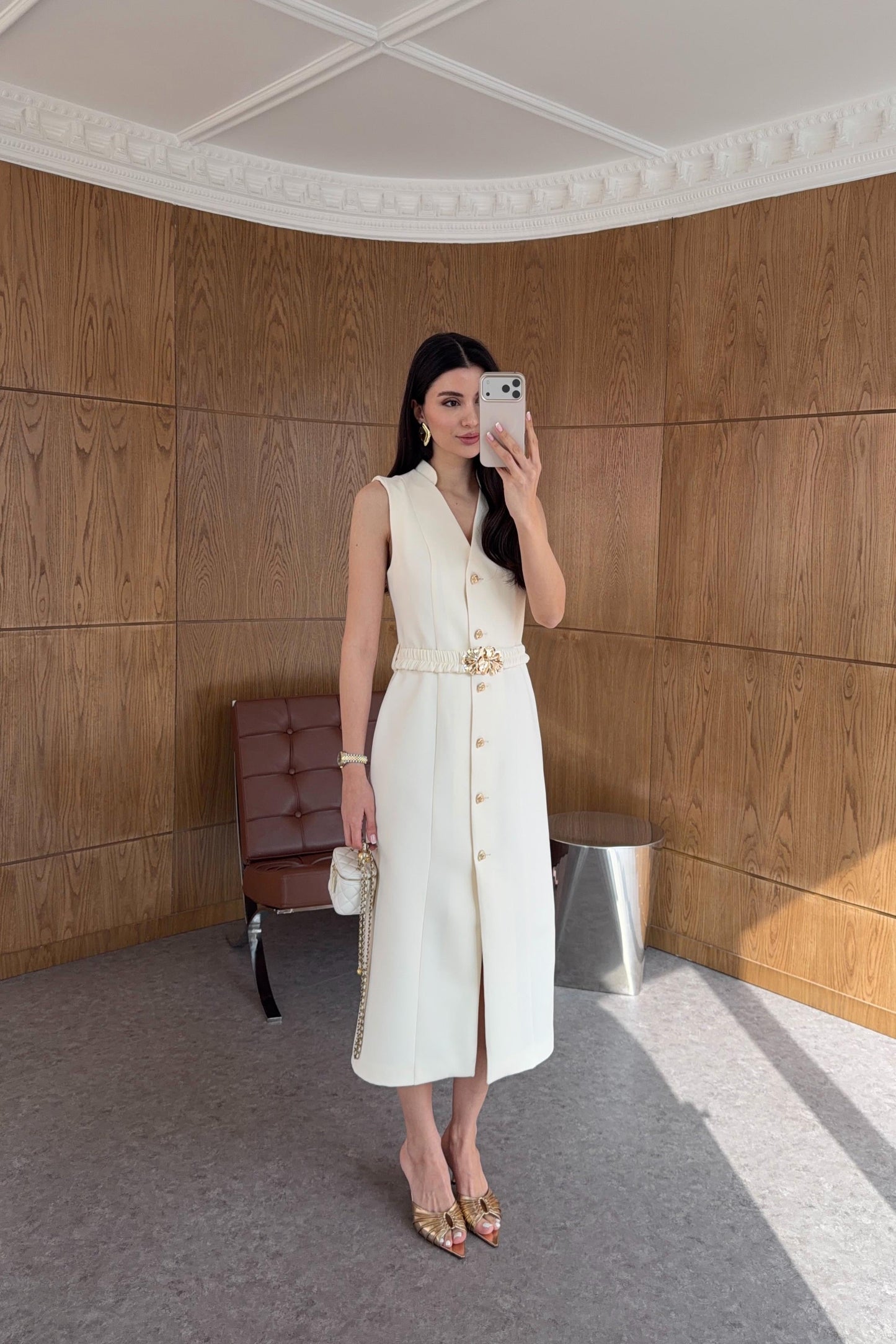 Gold buttons Belted dress