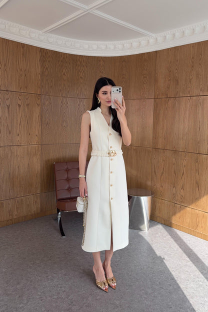 Gold buttons Belted dress