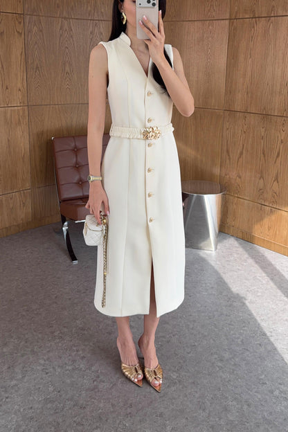 Gold buttons Belted dress