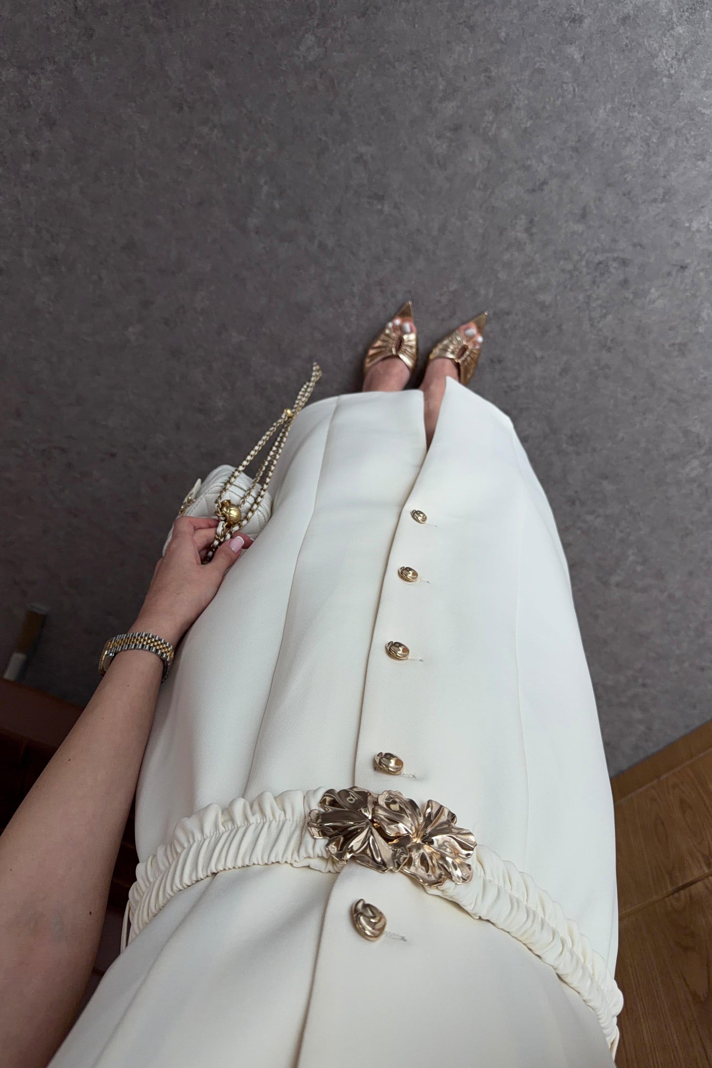 Gold buttons Belted dress