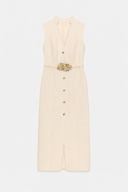 Gold buttons Belted dress