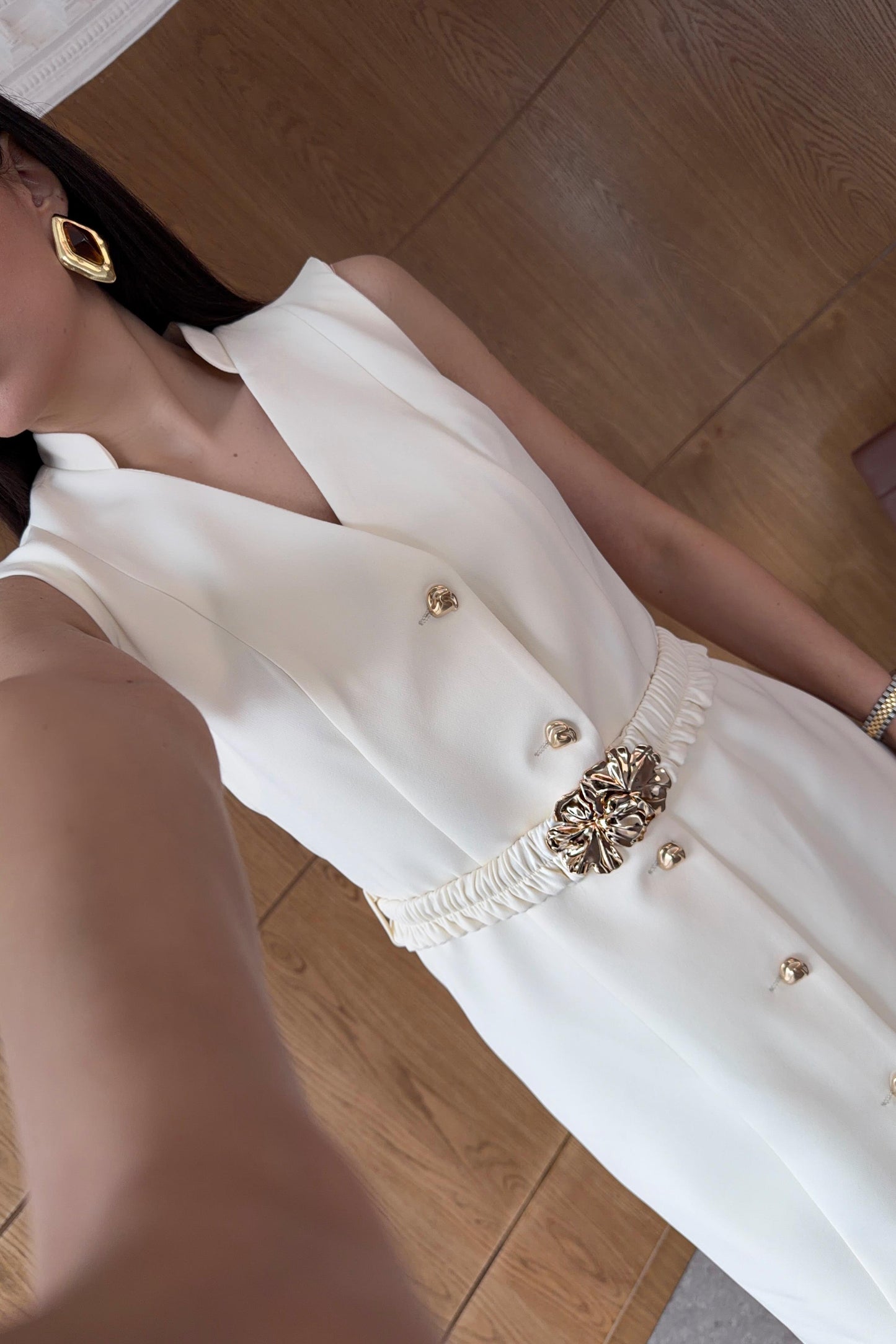 Gold buttons Belted dress