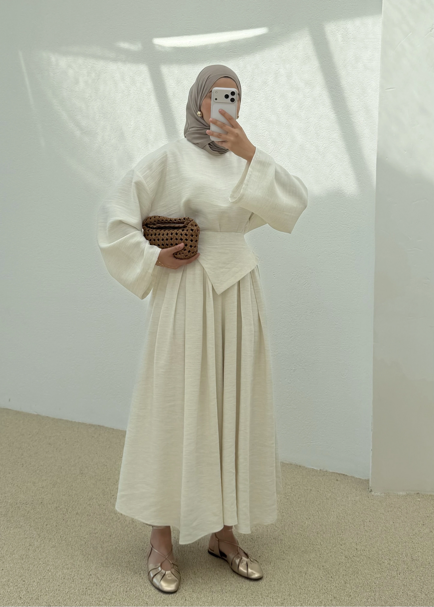 Wide sleeve blouse, Wide-leg trouser with Asymmetric attached Linen Suit