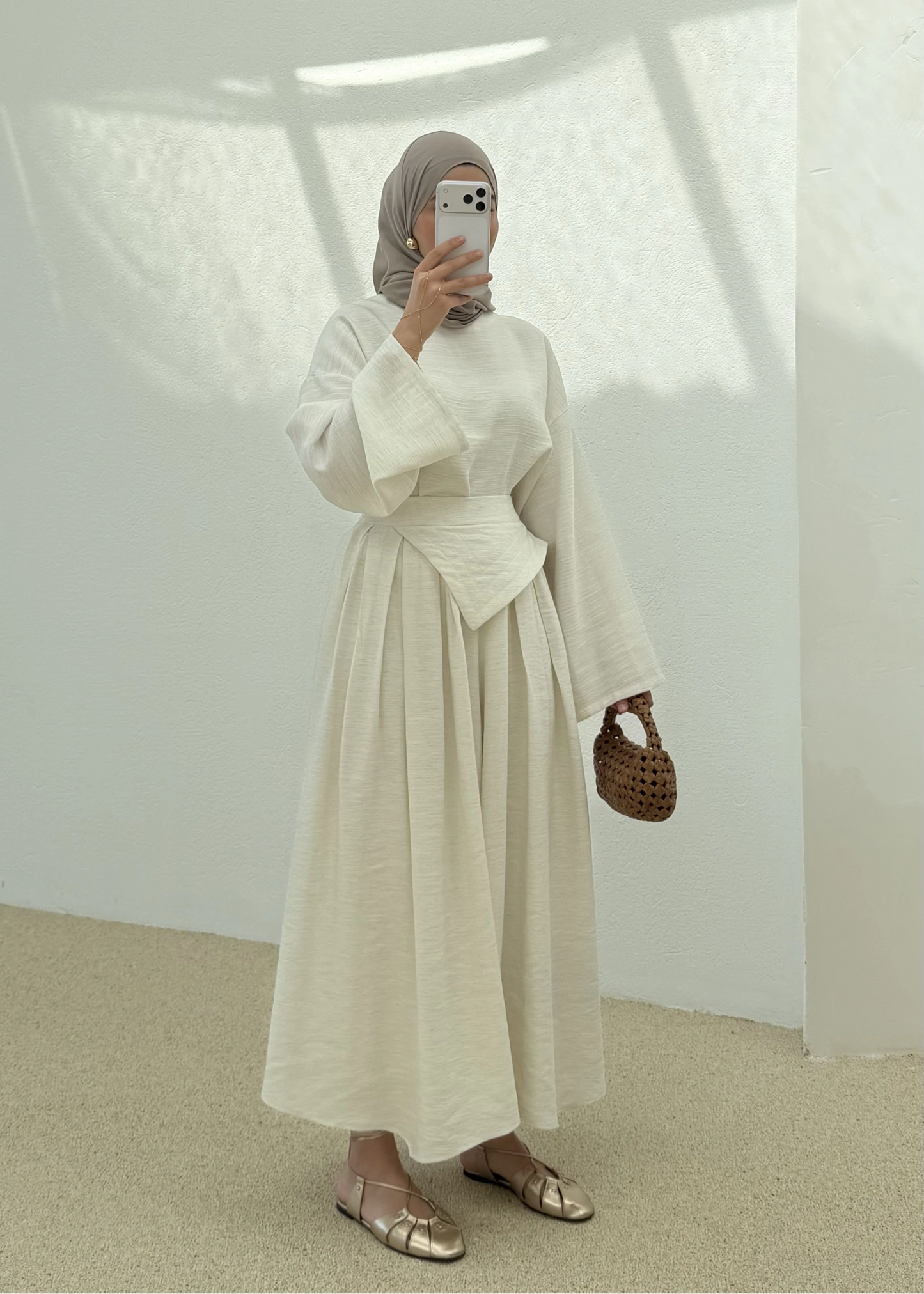 Wide sleeve blouse, Wide-leg trouser with Asymmetric attached Linen Suit
