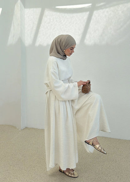 Wide sleeve blouse, Wide-leg trouser with Asymmetric attached Linen Suit