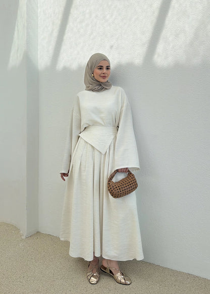 Wide sleeve blouse, Wide-leg trouser with Asymmetric attached Linen Suit