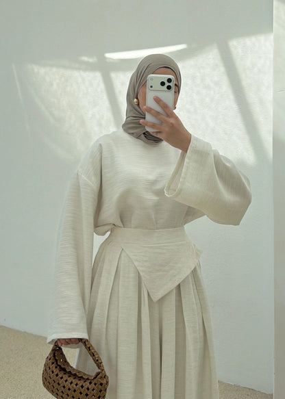 Wide sleeve blouse, Wide-leg trouser with Asymmetric attached Linen Suit