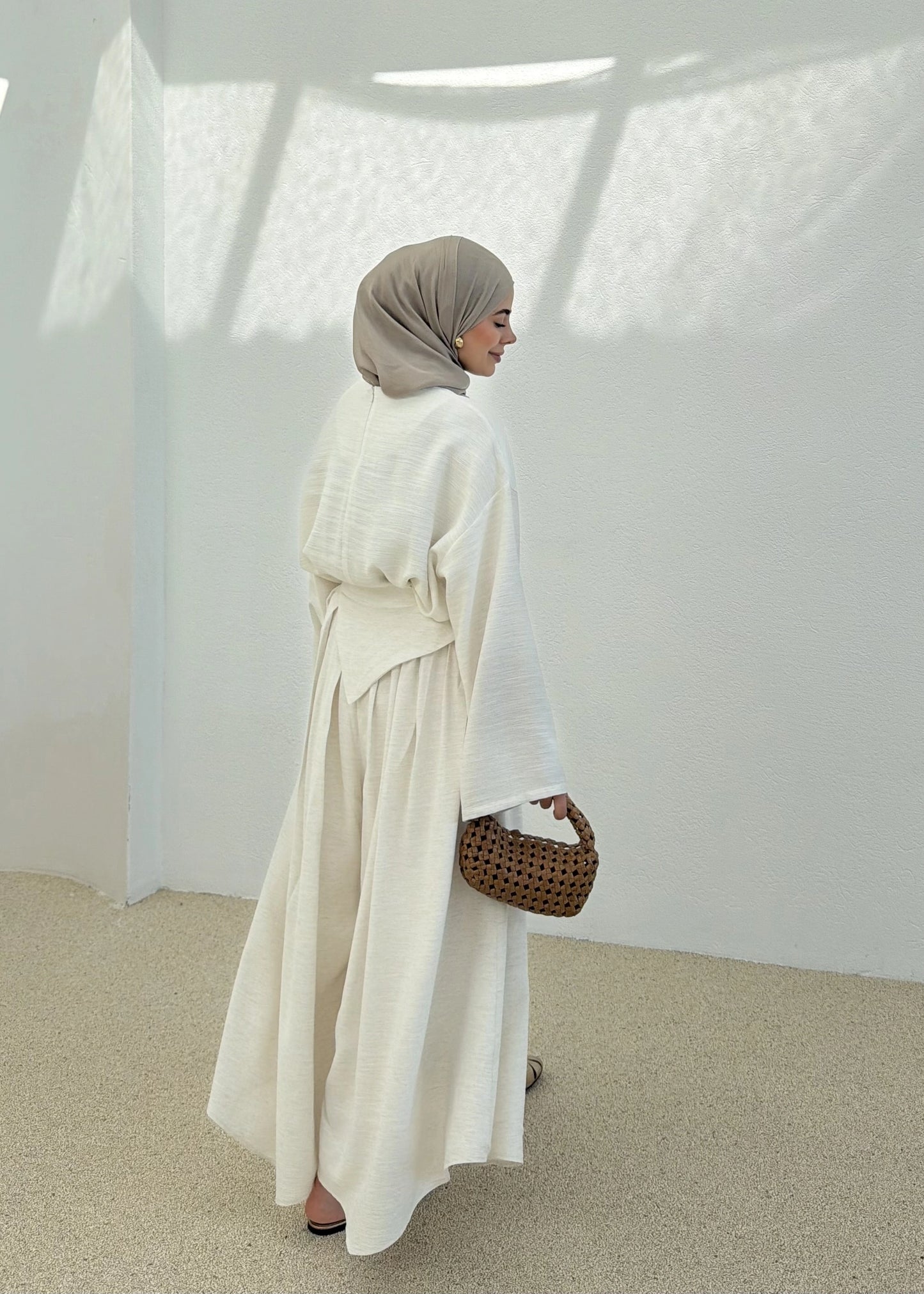 Wide sleeve blouse, Wide-leg trouser with Asymmetric attached Linen Suit