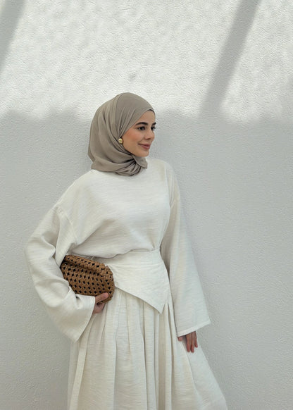 Wide sleeve blouse, Wide-leg trouser with Asymmetric attached Linen Suit