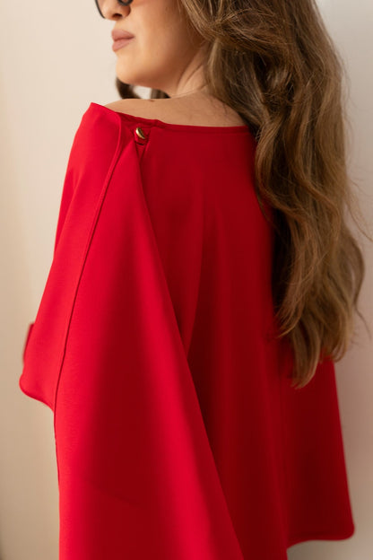 Red Asymmetrical Satin Blouse with Neckline Detail