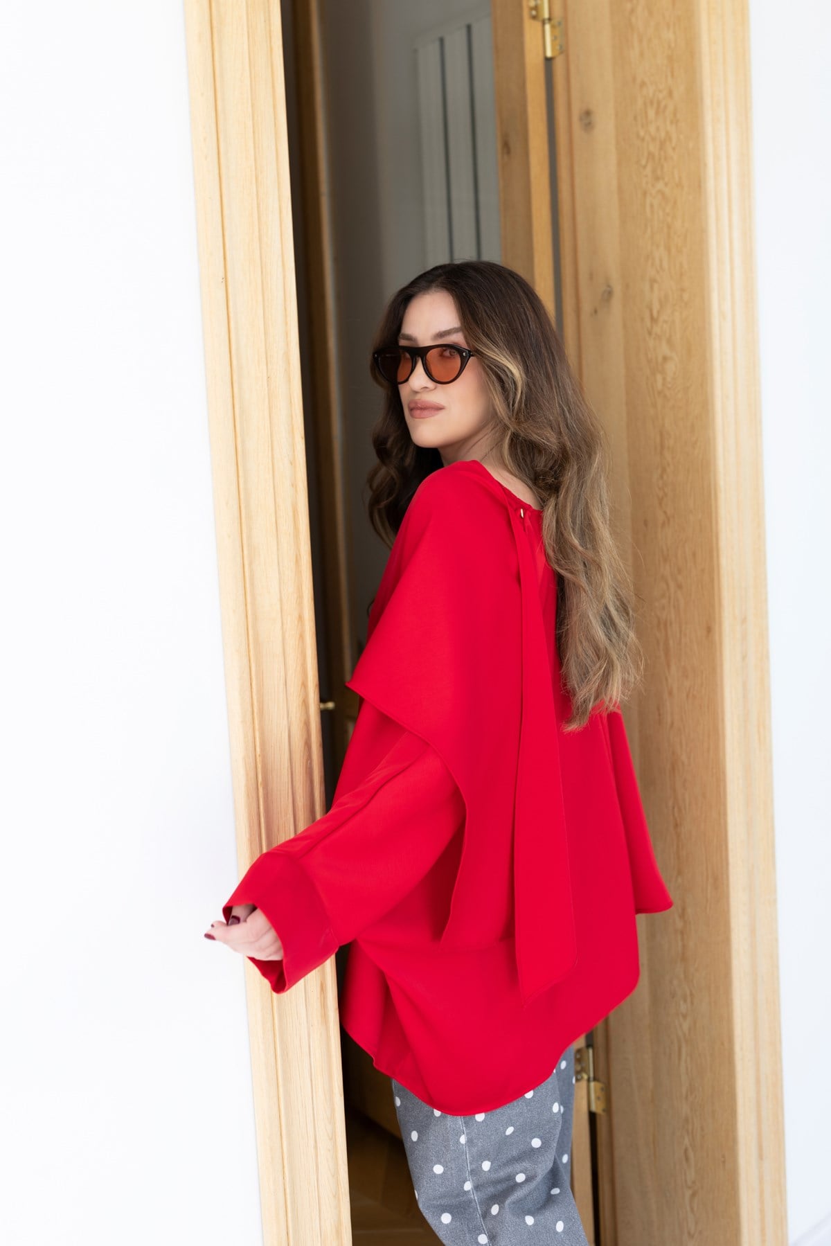 Red Asymmetrical Satin Blouse with Neckline Detail